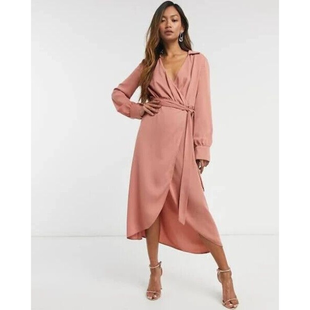 ASOS DESIGN collared wrap midi dress with tie belt in terracotta Size 2 - Picture 2 of 10
